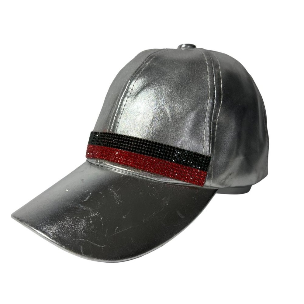 Vera New York Silver Hook & Loops Hat Cap Red & Black Rhinestone Stripes - Picture 1 of 10